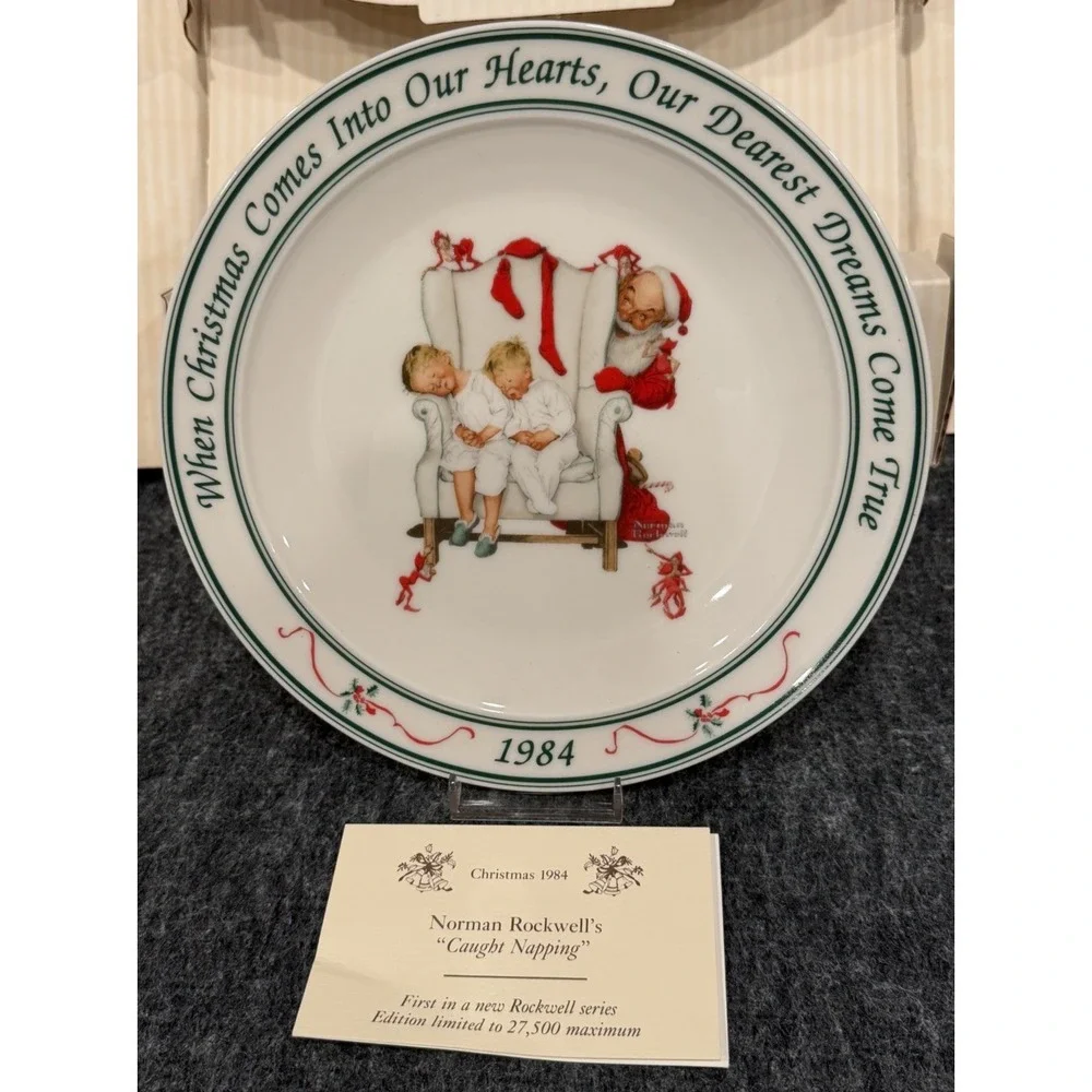 Hallmark Norman Rockwell Vintage Porcelain Christmas Plates 1984 Caught Napping